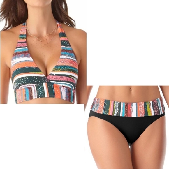 Anne Cole Marilyn Halter Neck Top and Shirred Band Hipster Sand Stripe‎ XS - Picture 1 of 16